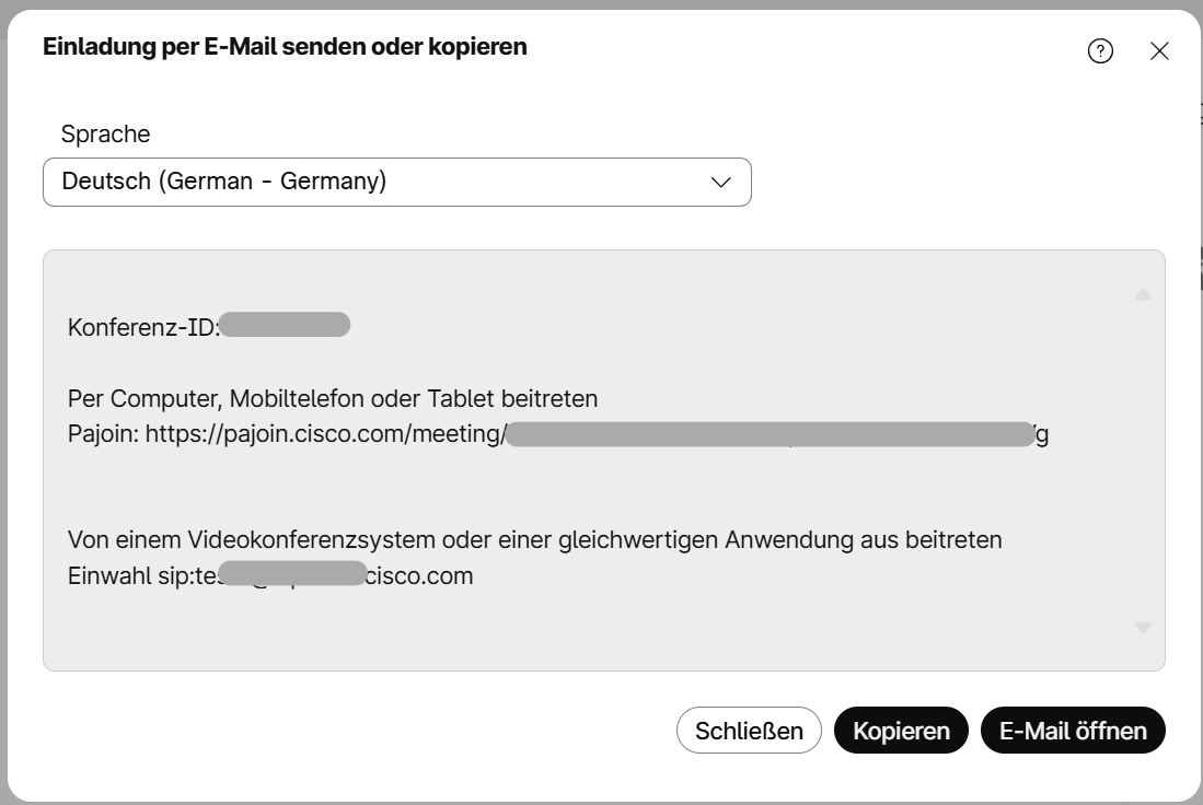 Besprechungseinladung mit Konferenz-ID und Link zur Besprechung